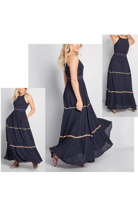 ModCloth Navy Blue Zigzag Contrast-Trim Sleeveless Maxi Dress Women Size 14