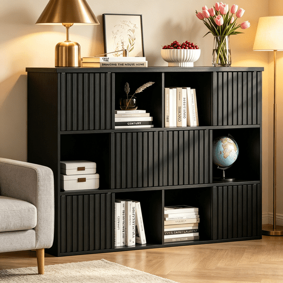 ModFurne 12-Cube Wood Bookcase with Fluted Sliding Doors | Modern Storage Cabinet, Multipurpose Organizer for Living Room Entryway Office, Black