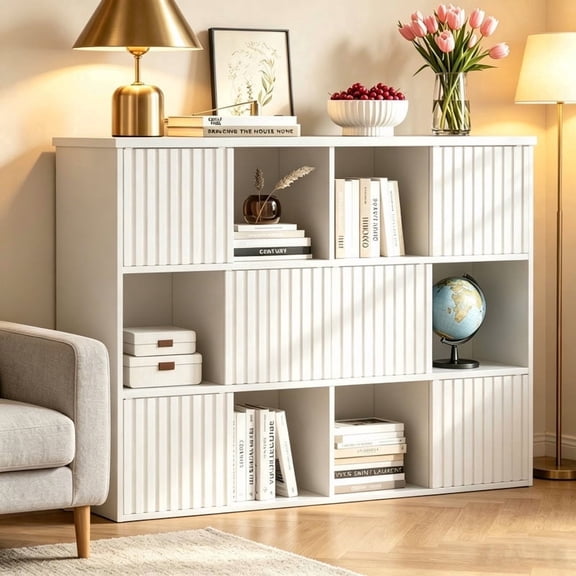 ModFurne 12-Cube Wood Bookcase with Fluted Sliding Doors | Modern Storage Cabinet, Multipurpose Organizer for Living Room Entryway Office, White