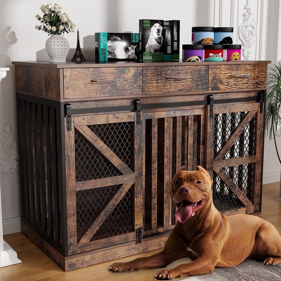 ModFurne 48' Dog Crate Furniture with Removable Divider & Storage Drawers, Wooden Double Dog Cage TV Stand with 2 Sliding Barn Doors