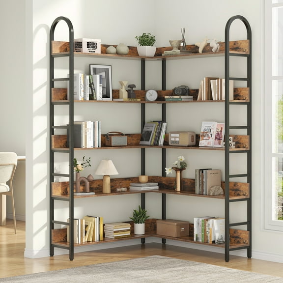 ModFurne 5-Tier Corner Bookshelf, Industrial Corner Bookcase with Metal Frame, L Shaped Bookshelves and Bookcases Etagere Bookcase Display Storage Shelves for Living Room, Brown