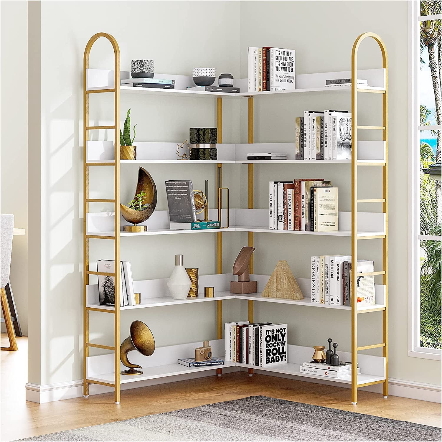 ModFurne 5-Tier Gold Bookcase, L-Shape Corner Bookshelf White & Gold ...