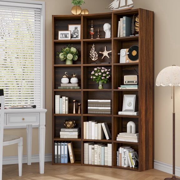 ModFurne 6 Tier Triple Width Bookcase, 71" Tall Bookshelf Corner Bookcase with 18-Cube, Curve Shape Display Storage Shelf for Living Room, Home Office, Brown
