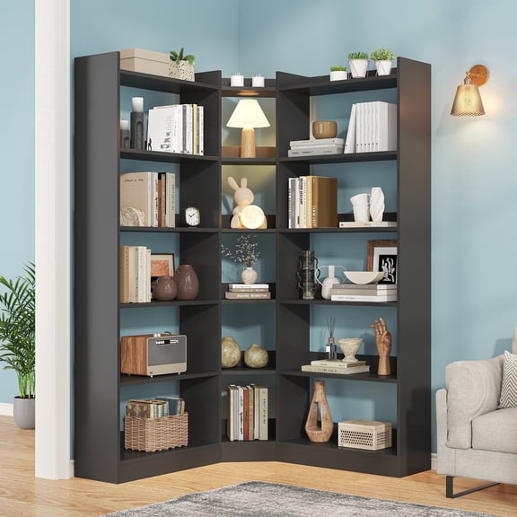 ModFurne 6 Tiers Corner Bookshelf and Bookcase with Baffle, 63.1" Tall Modern L-Shaped Storage Display Book Shelf Industrial Bookshelves for Bedroom Black