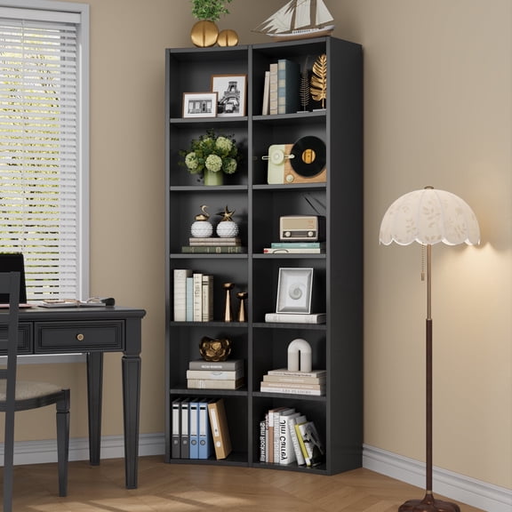 ModFurne 71" Tall Bookcase, 6-Tier Curved Double Row Bookshelf, 12-Cube Freestanding Corner Bookcase Display Cabinet for Living Room, Home Office, Black