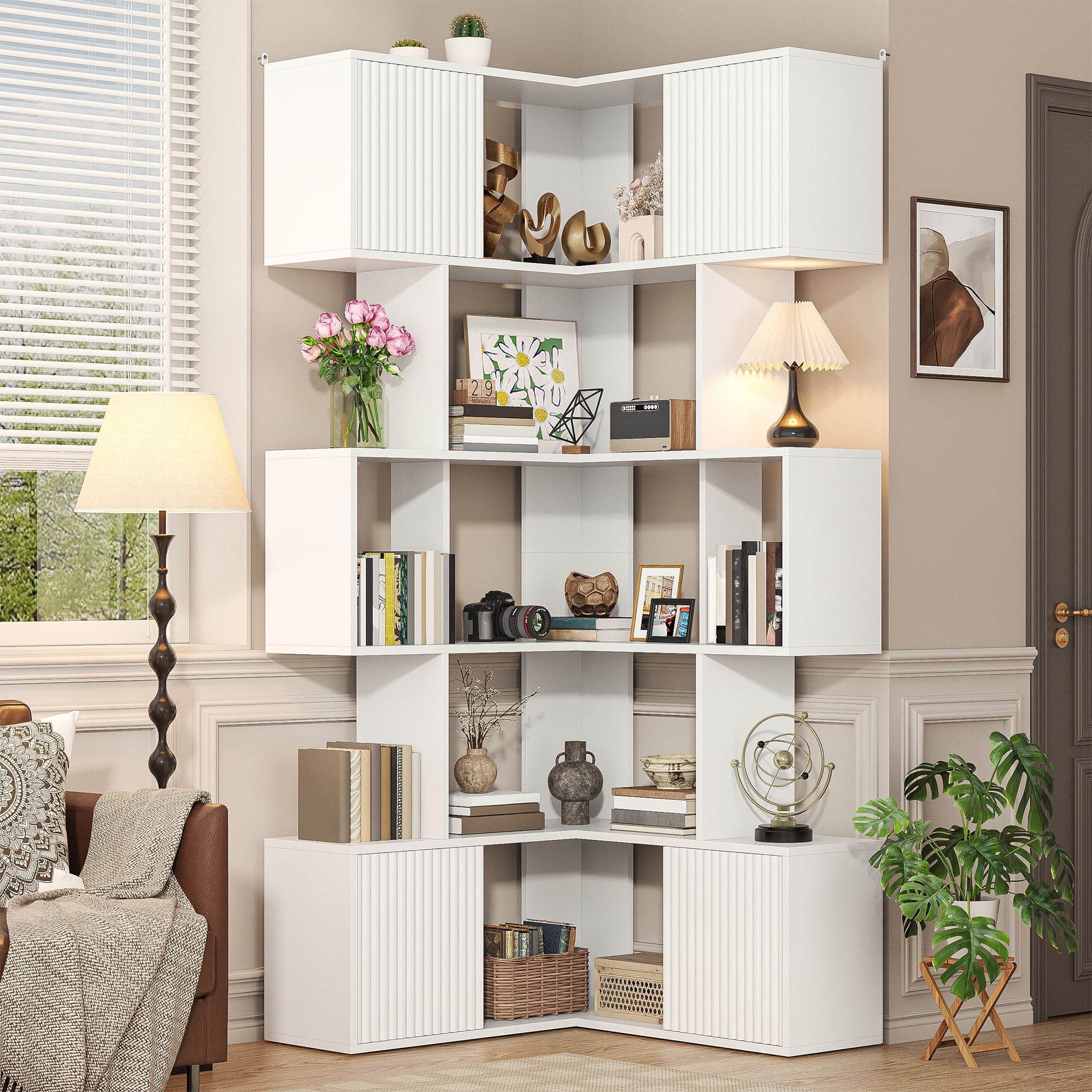 ModFurne 71 inch L-Shaped Corner Bookshelf, 5 Tier Cube Storage Bookcase, Wood Modern Book Shelf Organizer for Living Room/Home Office/Bedroom, White