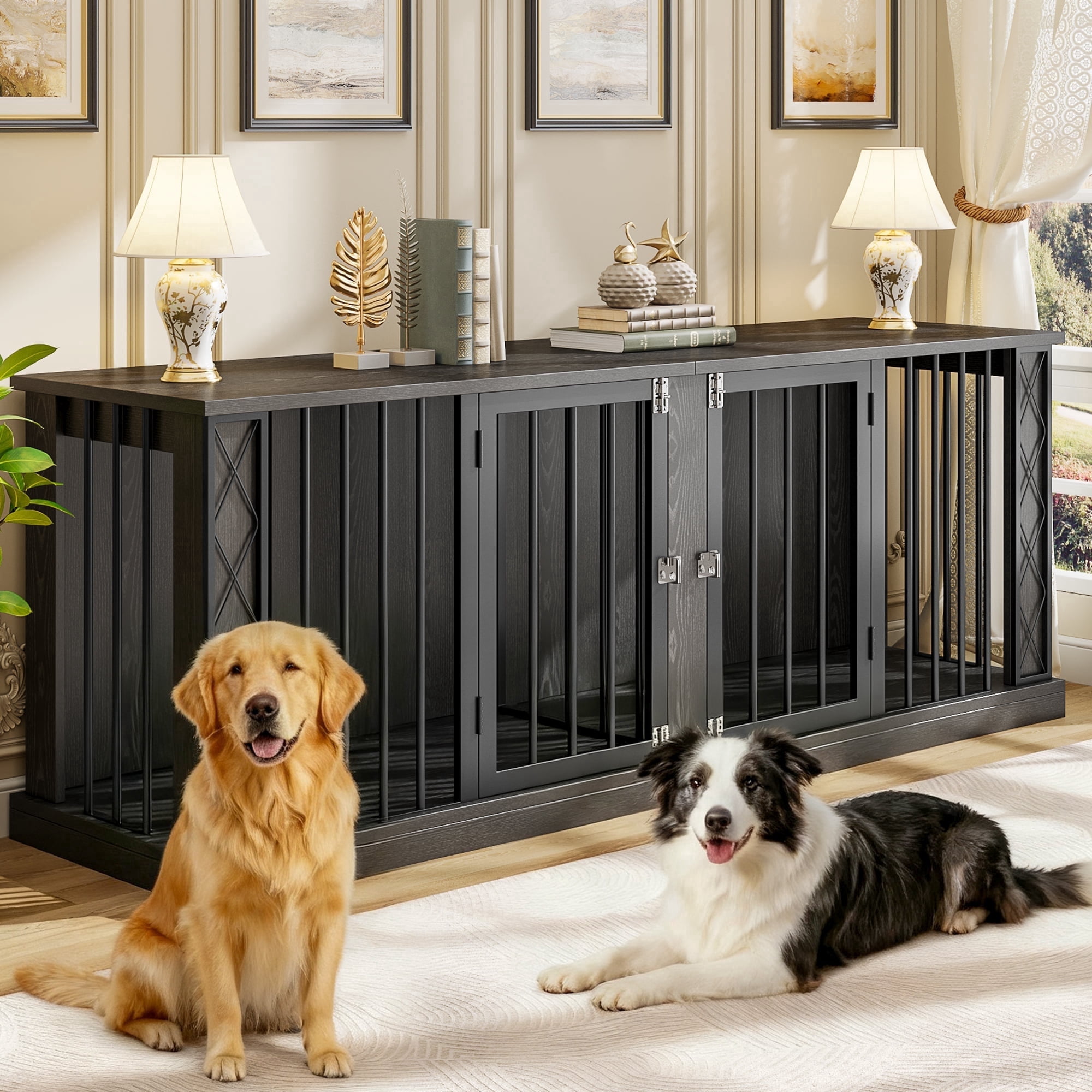 ModFurne 86.6" Dog Crate Furniture for Double Dogs, Heavy Duty Dog Cage Indoor for Small/Medium/Large Dogs, Dog Kennel Furniture Black