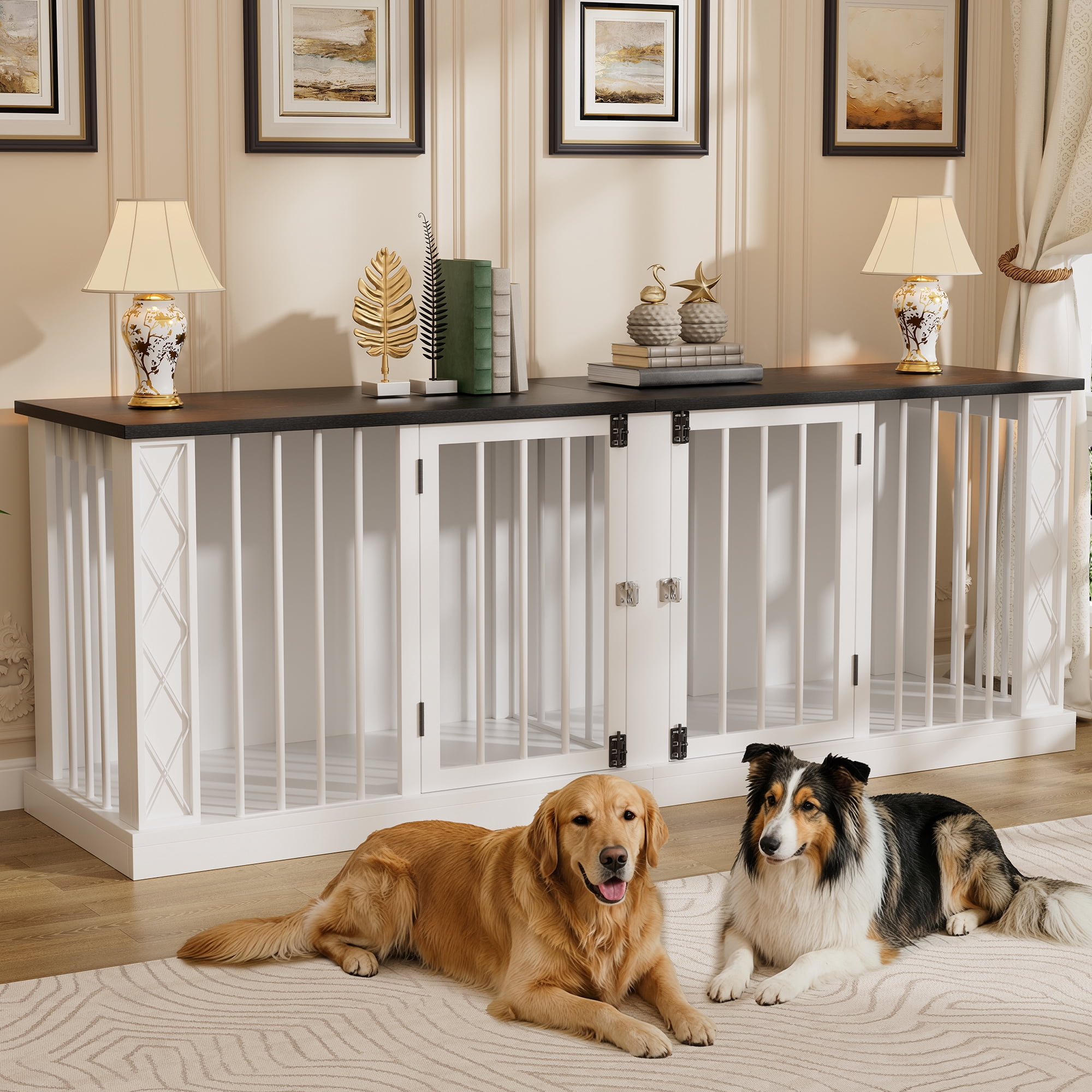 ModFurne 86.6" Dog Crate Furniture for Double Dogs, Heavy Duty Dog Cage Indoor for Small/Medium/Large Dogs, Dog Kennel Furniture White