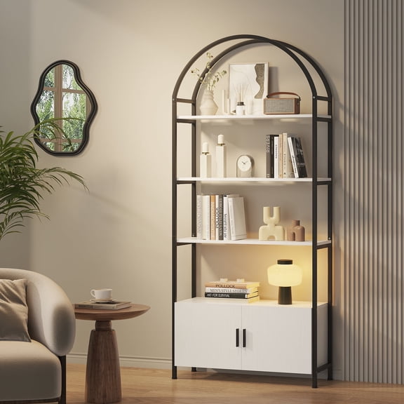 ModFurne Arched Bookcase with Doors,71" Tall 4-Shelf Open Display Bookshelf, Freestanding Storage Unit for Living Room/Office, Black and White