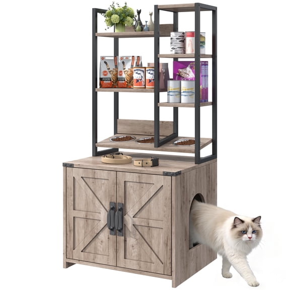 ModFurne Cat Litter Box Enclosure with Feeding Station, Tall Cat Litter Box Furniture Hidden with 4-Tier Storage Shelves, Gray