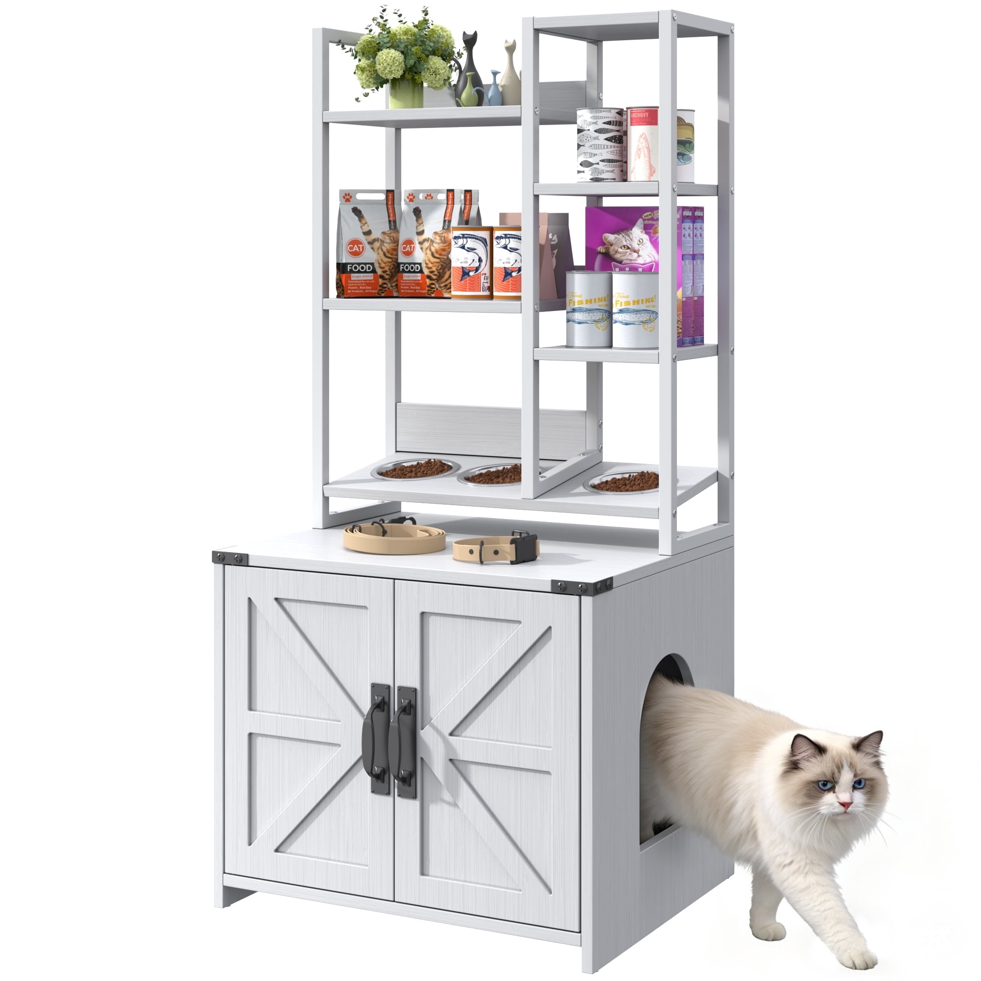 ModFurne Cat Litter Box Enclosure with Feeding Station, Tall Cat Litter Box Furniture Hidden with 4-Tier Storage Shelves, White