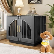 ModFurne Dog Crate Furniture End Table, 31.5" Wooden Dog Kennel with Double Arched Doors & 4 Lock Latches, Sturdy Iron Bar Dog Cage, Decorative Pet Crate for Me