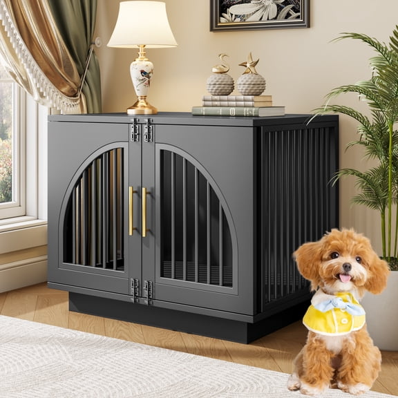 ModFurne Dog Crate Furniture End Table, 31.5" Wooden Dog Kennel with Double Arched Doors & 4 Lock Latches, Sturdy Iron Bar Dog Cage, Decorative Pet Crate for Medium/Small Dogs, Black