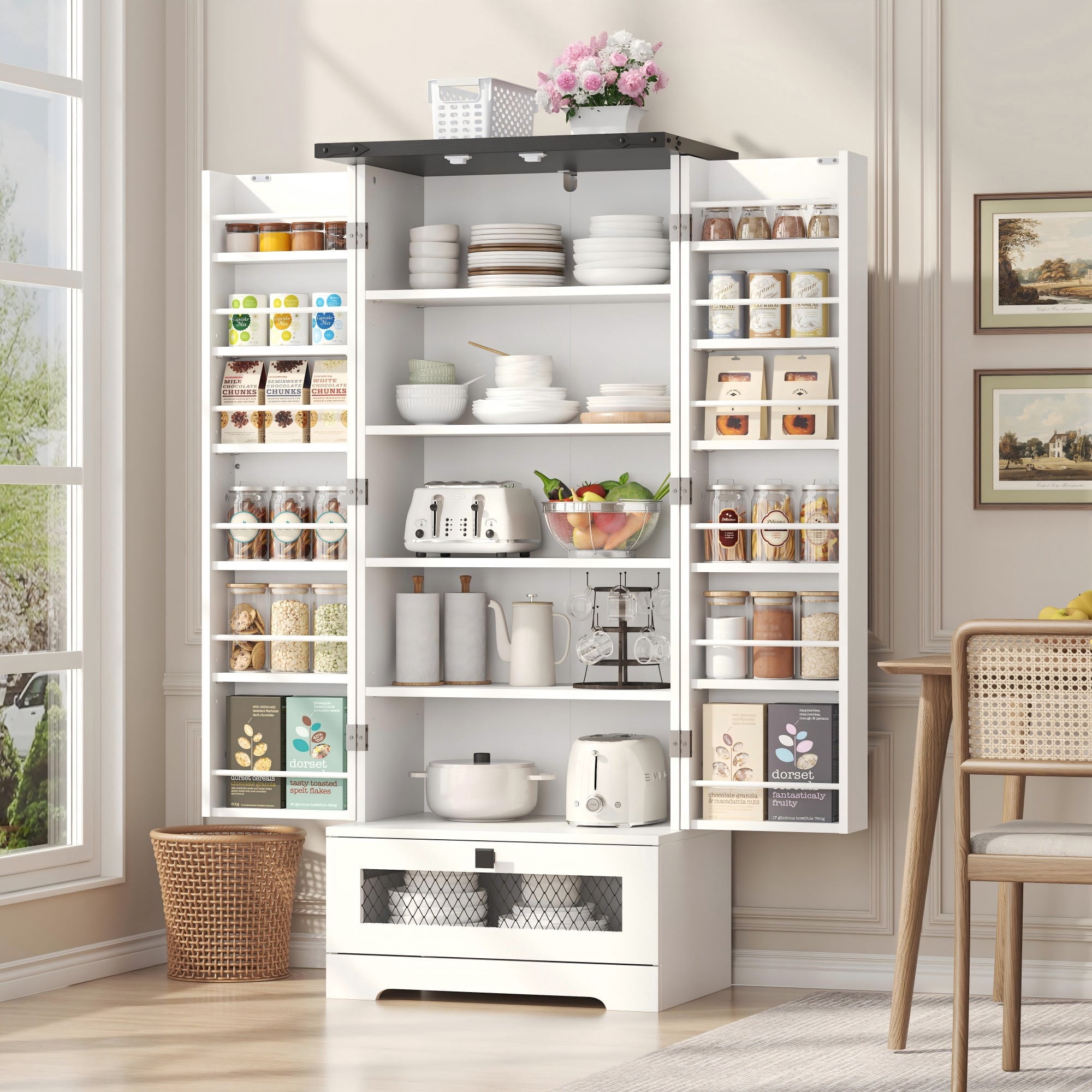 Modfurne Pantry Cabinet, Pantry Storage Cabinet with Adjustable Shelves and Drawer, Kitchen Buffet Cupboards Storage Shelf for Home Office Use， White