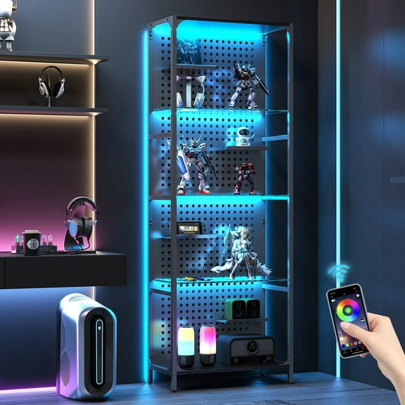 ModFurne Glass Display Shelf for Collectibles, LED Black Curio Cabinet, Lighted Tall Narrow Pegboard Steel Frame, Large