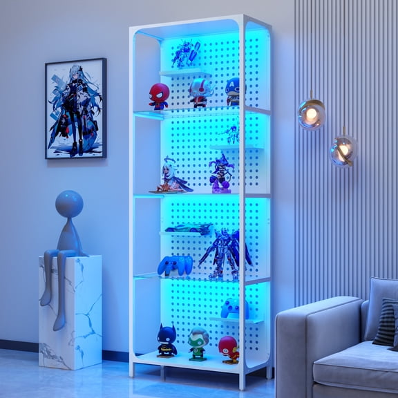 ModFurne Glass Display Shelf for Collectibles, LED Black Curio Cabinet, Lighted Tall Narrow Pegboard Steel Frame, Small, White