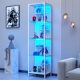thumbnail image 1 of ModFurne Glass Display Shelf for Collectibles, LED Black Curio Cabinet, Lighted Tall Narrow Pegboard Steel Frame, Small,White, 1 of 8