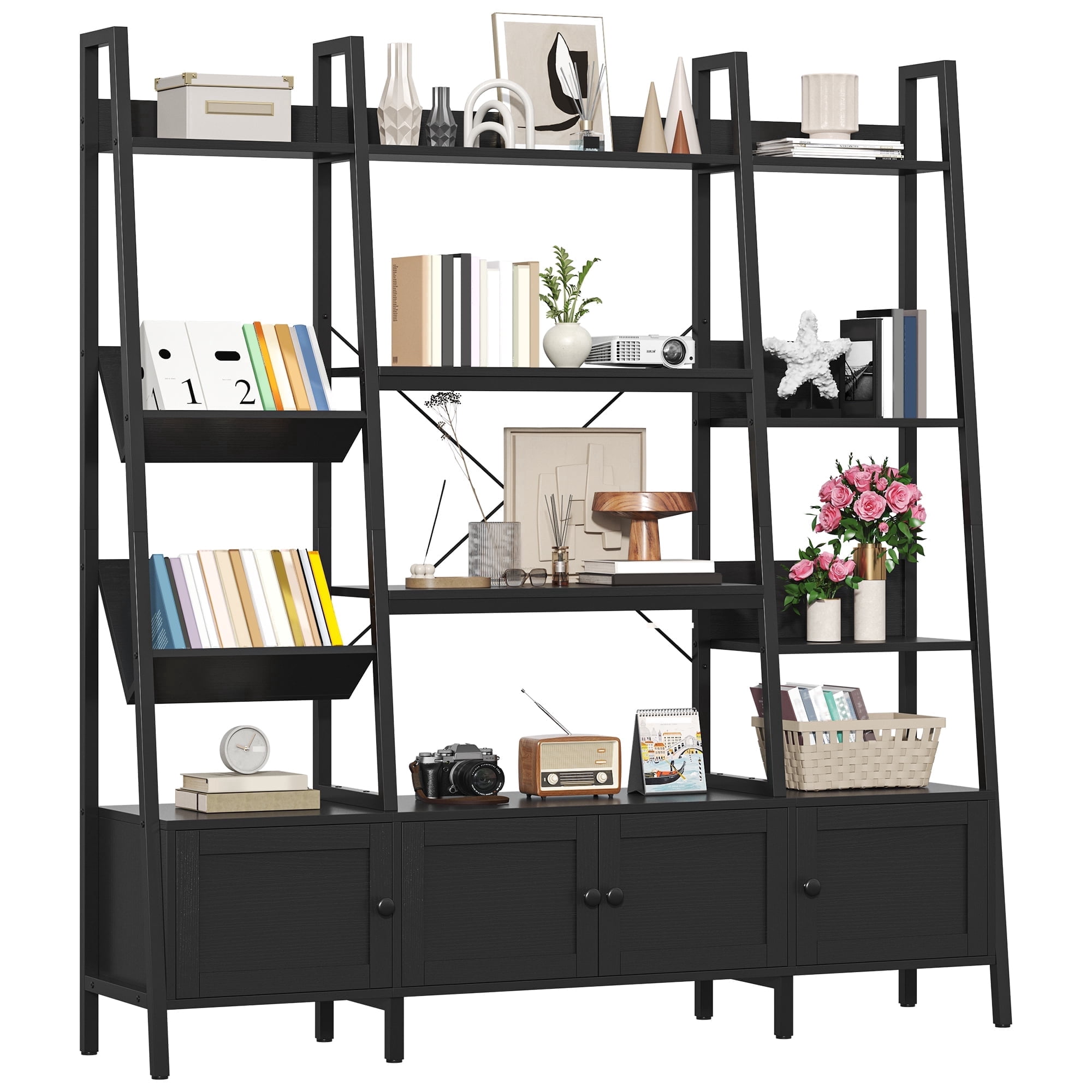 Declinde Ladder ModFurne, Bookshelf, Industrial Leaning Ladder, 4-Tier Black - Walmart.com