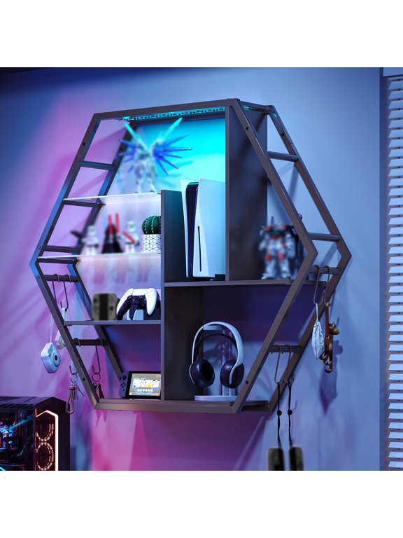LED Wall Shelves - Lighted Display Shelves With Extra Hooks For Gaming Rooms & Bars. Modern Black Floating Shelves With Built-In LED Lighting