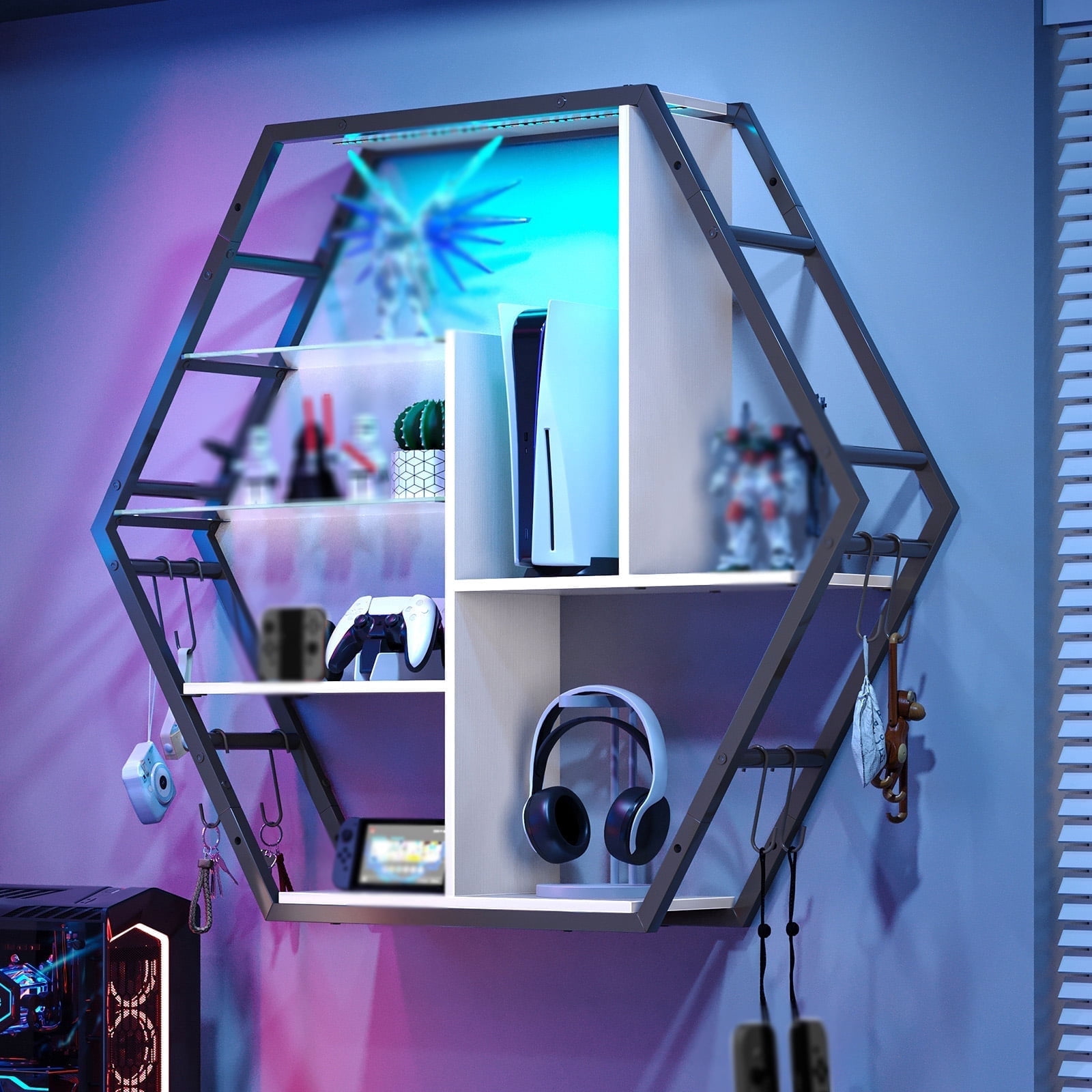 ModFurne LED Wall Shelves - Lighted Display Shelves With Extra Hooks For Gaming Rooms & Bars. Modern White Floating Shelves With Built-In LED Lighting.