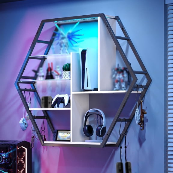 ModFurne LED Wall Shelves - Lighted Display Shelves With Extra Hooks For Gaming Rooms & Bars. Modern White Floating Shelves With Built-In LED Lighting.