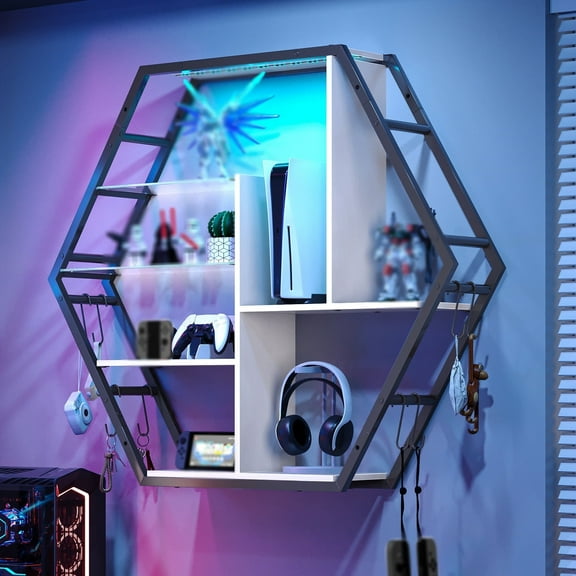 ModFurne LED Wall Shelves - Lighted Display Shelves With Extra Hooks For Gaming Rooms & Bars. Modern White Floating Shelves With Built-In LED Lighting.