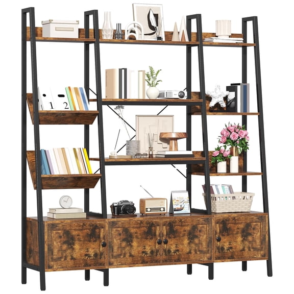 ModFurne Ladder Bookshelves with 4 Doors, Triple Wide 4-Tier Large Open Bookshelf with Storage, Etagere Bookcase with Display Shelf for Home Office, Browm