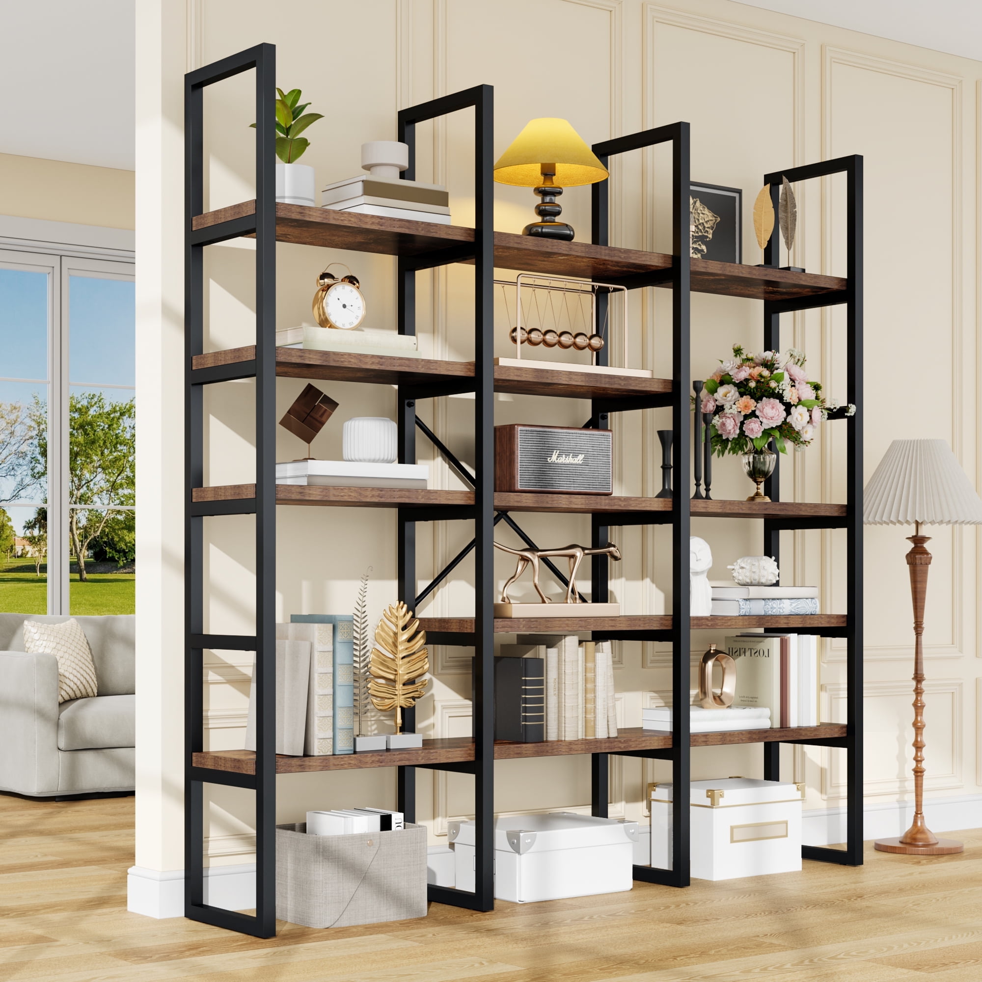 ModFurne Large Bookshelf 5 Tiers, Triple Wide Geometric Bookcase, 71 Inches Tall Industrial Book Shelves Etagere Book Case, Brown