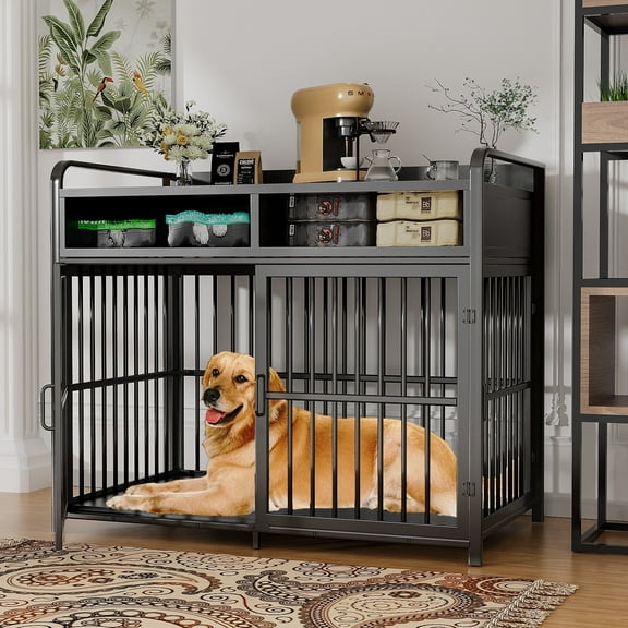 ModFurne Large Dog Crate Furniture with Drawers Storage, Puppy Dog Kennel Indoor with Double Doors, Black