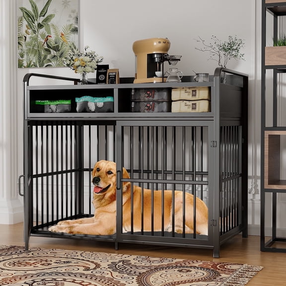 ModFurne Large Dog Crate Furniture with Drawers Storage, Puppy Dog Kennel Indoor with Double Doors, Black