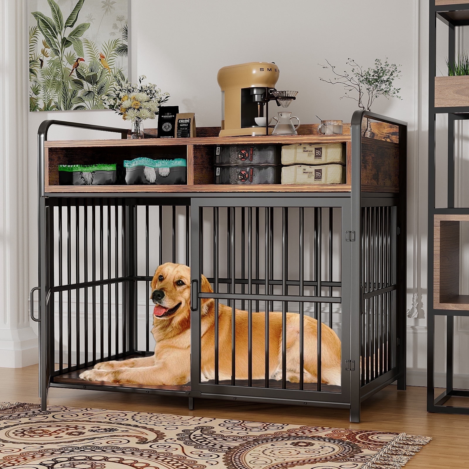 ModFurne Large Dog Crate Furniture with Drawers Storage, Puppy Dog Kennel Indoor with Double Doors, Brown