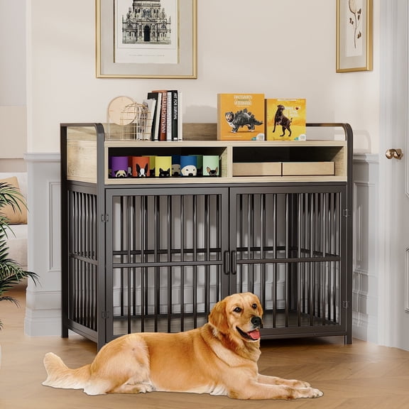 ModFurne Large Dog Crate Furniture with Drawers Storage, Puppy Dog Kennel Indoor with Double Doors, Gray