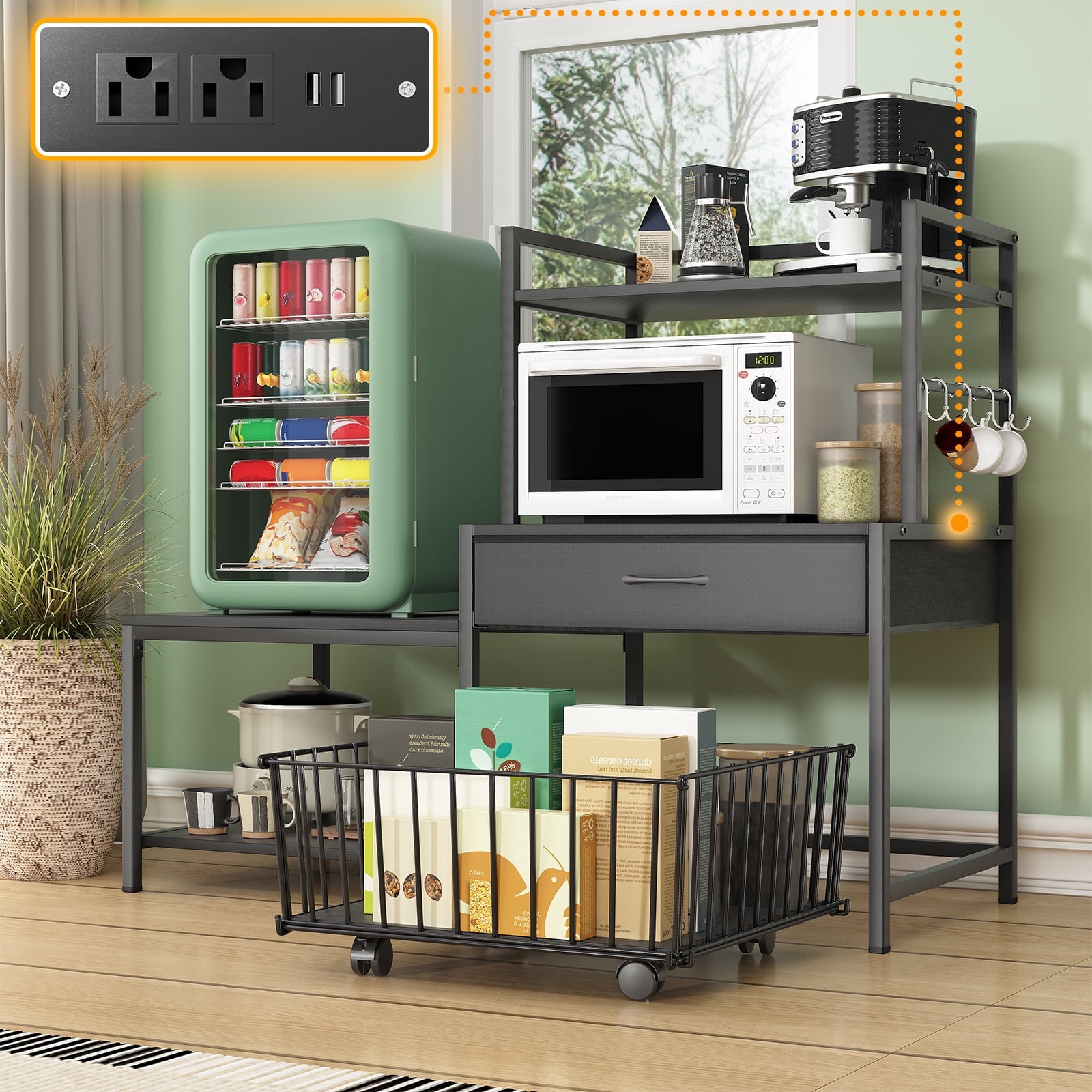 ModFurne Mini Fridge Stand with Storage, Mini Refrigerator Stand with Power Outlet, Wine Fridge Table with Movable Storage Basket for Dorm Home Use (Black)