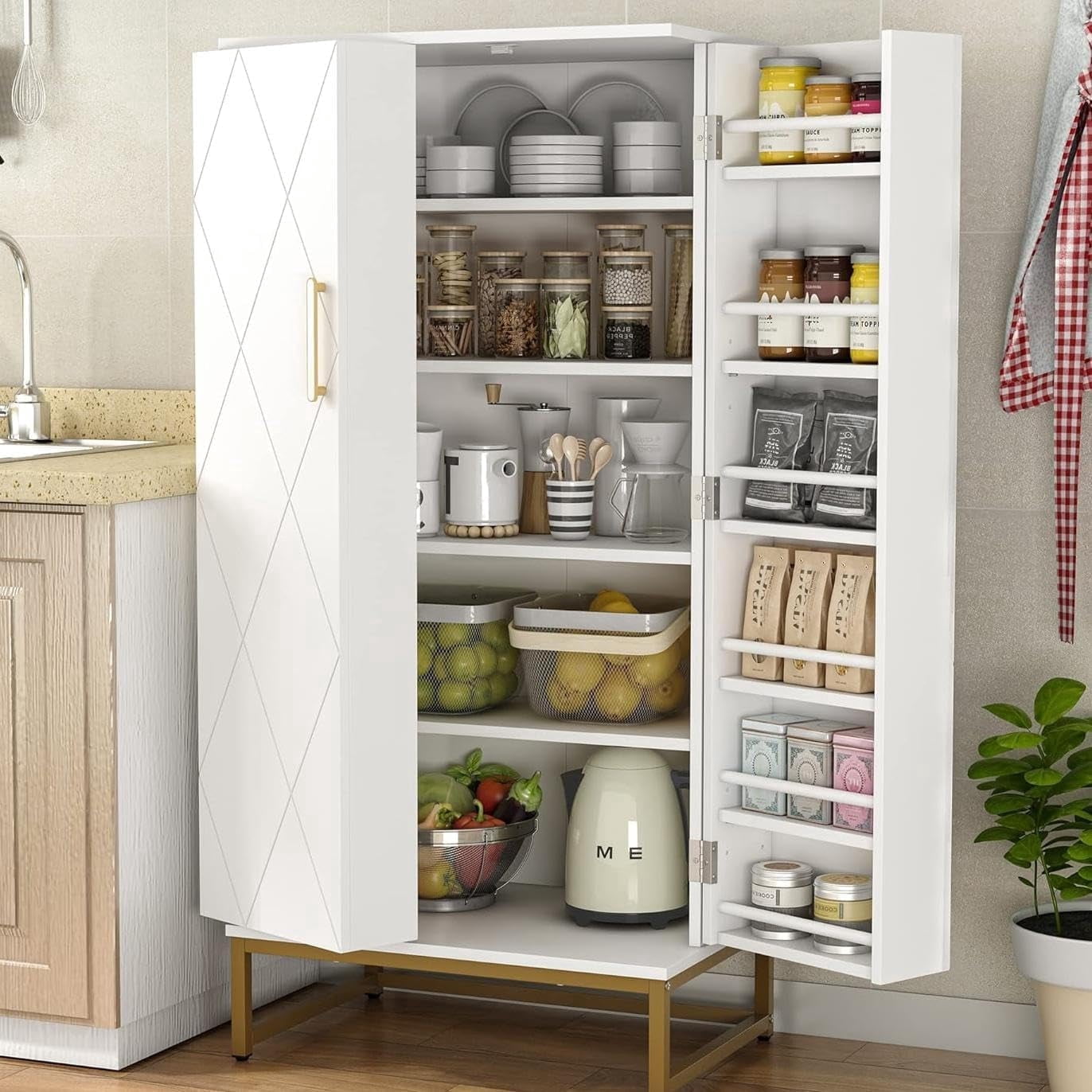 ModFurne Pantry Cabinet, 51.18” Tall Kitchen Storage Cabinet with Adjustable Shelves and Gold Metal Base – Ideal for Kitchen, Living Room & More