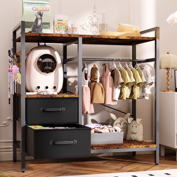ModFurne Pet Wardrobe Closet with 2 Drawers & 4 Hooks, Freestanding Pet Clothes Storage Organizer