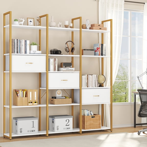 ModFurne Triple Wide 6-Tier Industrial Book Shelf with 3 Drawers, 73.6" Bookcase with 16 Open Display Shelves, Large Etagere Bookshelf with Metal Frame for Home & Office, Gold