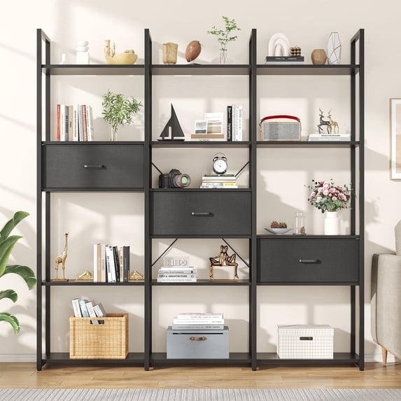 ModFurne Triple Wide 6 Tiers Industrial Book shelf with 3 Drawers and Storage Shelves, 73.6" Tall Bookcase with 16 Open Display Shelves, Large Etagere Bookshelf for Home & Office, Black
