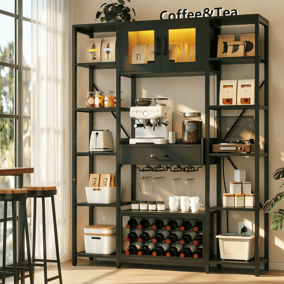 ModFurne Wine Bar Cabinet with LED Light & Charging Station, Liquor Cabinet with Wine Holder, Display Shelf with Drawer & Storage, Black