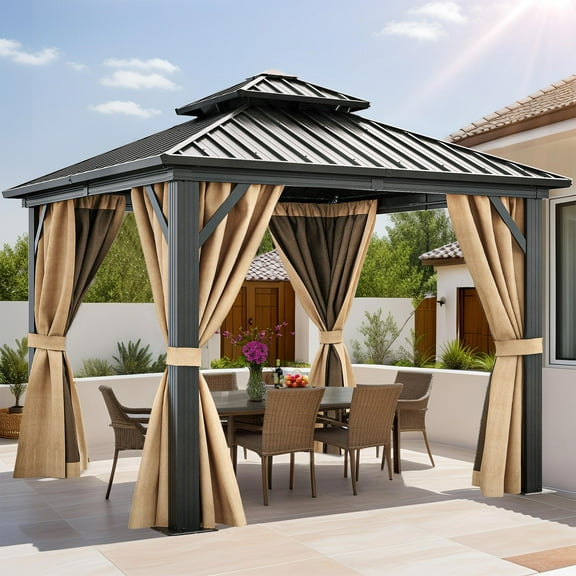 ModFusion 10' x 10' Double Roof Hardtop Gazebo with Nettings and Curtains in Brown