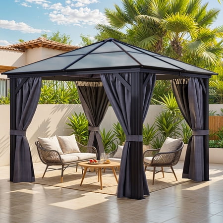 ModFusion 10' x 10' Hardtop Gazebo with Polycarbonate Roof, Netting, and Curtains in Gray