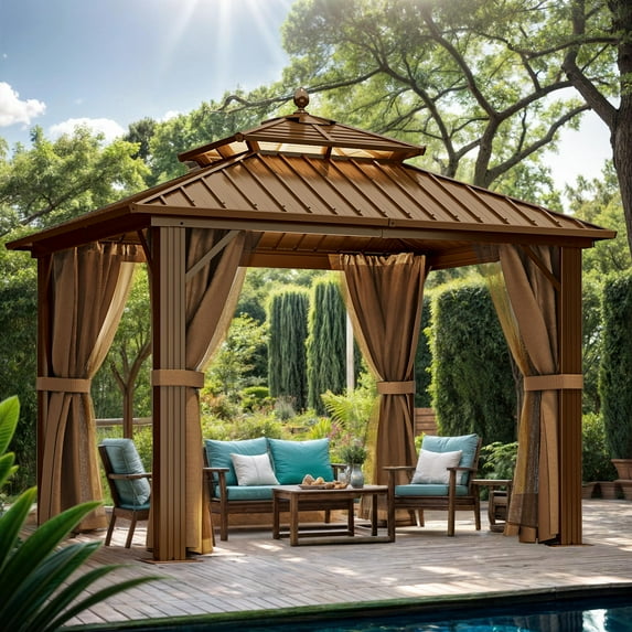 ModFusion 10'x10' Double Roof Gazebo with Netting and Curtains: Durable Aluminum Frame for Outdoor Spaces in Bronze