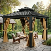 ModFusion 10'x10' Double Roof Gazebo with Netting and Curtains: Durable Aluminum Frame for Outdoor Spaces in Brown