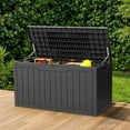 thumbnail image 1 of ModFusion 100-Gallon Lockable Outdoor Storage Deck Box, Weather-Resistant Resin, Perfect for Patios, Gardens, and Poolside Seating, Dark Gray, 1 of 10