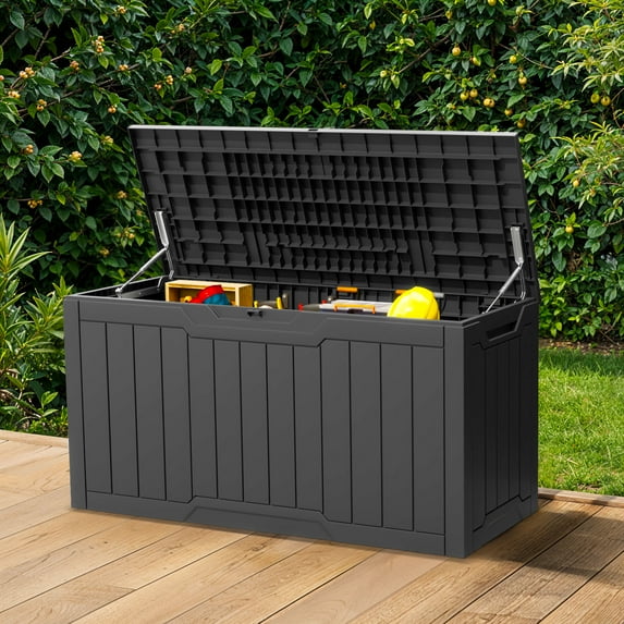ModFusion 100-Gallon Lockable Outdoor Storage Deck Box, Weather-Resistant Resin, Perfect for Patios, Gardens, and Poolside Seating, Dark Gray