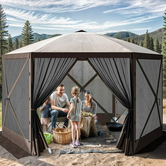 ModFusion 11.5'X11.5' Outdoor Camping Gazebo with 6 Sided Design, Mesh Windows, and Insect Protection, Perfect For Camping, Picnicking, or Backyard Parties In Gray