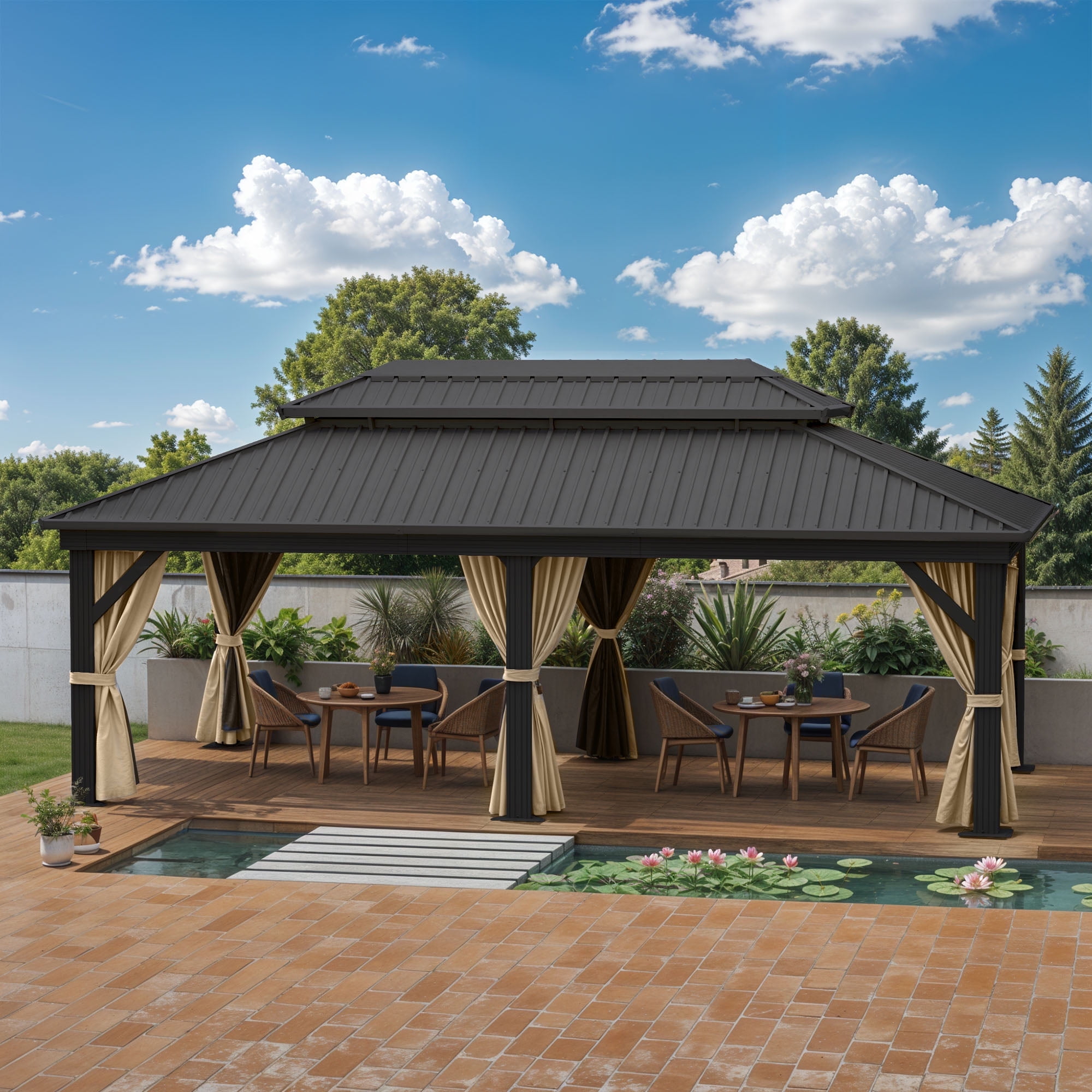 ModFusion 12 ×18 FT Gazebo Double Roof Hardtop Canopy Heavy-Duty Outdoor Pavilion with Nettings & Curtains in Brown