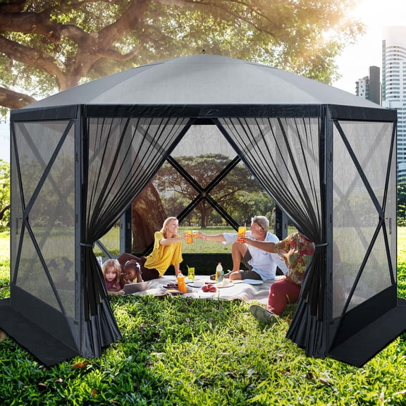 ModFusion 12'X12' Outdoor Camping Gazebo Canopy with 6-Sided Design, Carry Bag, Mesh Windows, and Insect Protection - Gray
