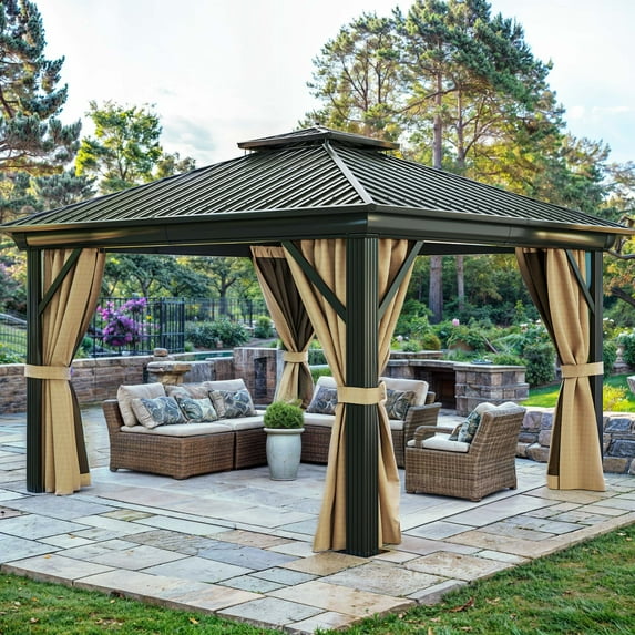 ModFusion 12'x12' Double Roof Gazebo with Netting and Curtains: Durable Aluminum Frame for Outdoor Spaces in Brown