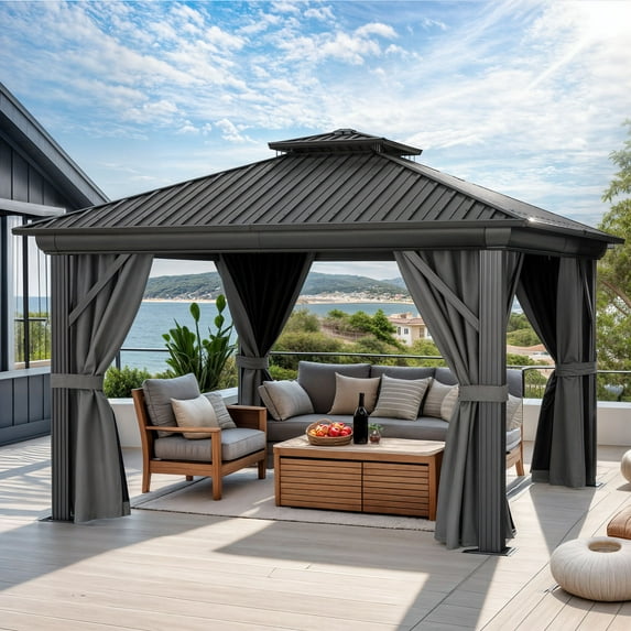 ModFusion 12’x12’ Hardtop Gazebo: Dual Galvanized Iron Vertical Stripes Roof, Netting, Curtains, Ideal for Outdoor Gatherings in Black