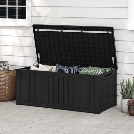 ModFusion 120 Gallon Lockable Waterproof Resin Storage Box, Heavy-Duty Outdoor Bench/Table, Black